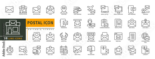 Minimalist Postal line icons set with editable stroke, featuring Postal office, mail, notification, love letter, post van, expenses, lock mail, letter, curosity, send mail. thin linear illustration.
