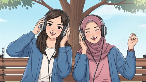 Two young women enjoying music together outdoors.