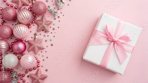 Holiday gift wrapped in pink ribbon beside shiny ornaments and festive decorations on a soft pink background