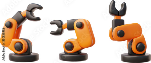 3D set of orange and black robotic arms in different positions.