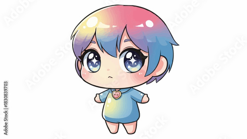 Cute chibi anime character illustration with pastel rainbow hair and big eyes digital art drawing style brazil ceara