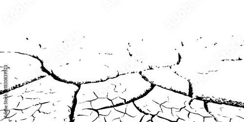 Black and white cracked earth texture showing dry, parched ground. High-contrast drought soil pattern ideal for climate change, environmental backgrounds, vector design, and natural texture illustrati