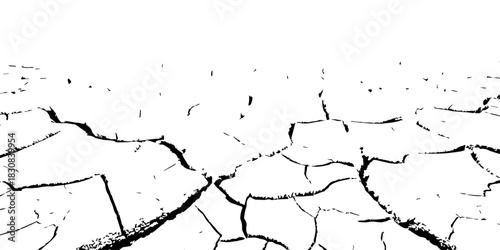 Black and white cracked earth texture showing dry, parched ground. High-contrast drought soil pattern ideal for climate change, environmental backgrounds, vector design, and natural texture illustrati