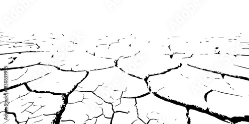 Black and white cracked earth texture showing dry, parched ground. High-contrast drought soil pattern ideal for climate change, environmental backgrounds, vector design, and natural texture illustrati