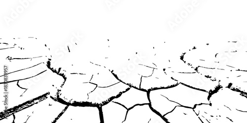 Black and white cracked earth texture showing dry, parched ground. High-contrast drought soil pattern ideal for climate change, environmental backgrounds, vector design, and natural texture illustrati
