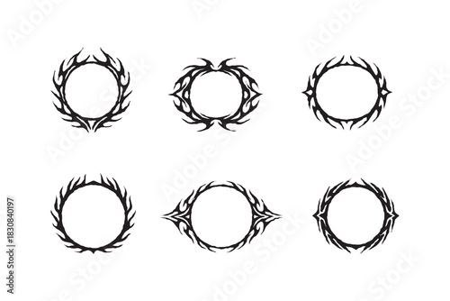set of Gothic frame, Neo tribal acid round fantasy border vector collection, dark futuristic design element. Retro baroque ornament, decoration flame oval