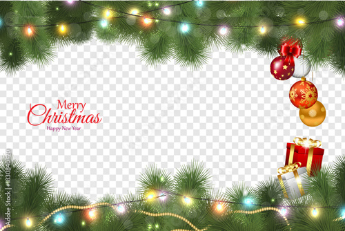 Festive Christmas and New Year Border with Fir Branches, Lights, and Gifts