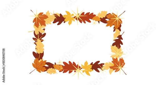 Elegant fall foliage frame with maple and oak leaves in warm autumn hues, embellished with glittering starbursts, on a white background.