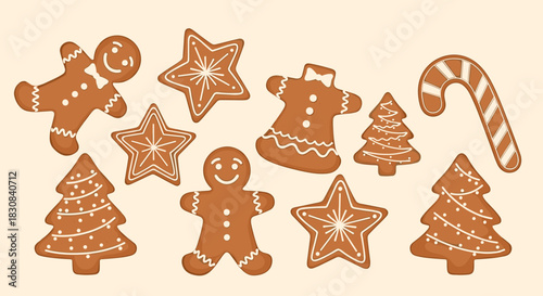 A festive assortment of traditional gingerbread cookies in various shapes, decorated with white icing, perfect for holiday celebrations and winter themes.