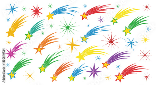 Colorful hand-drawn shooting stars and shimmering starbursts create a festive and cheerful pattern on a white background, perfect for celebrations.