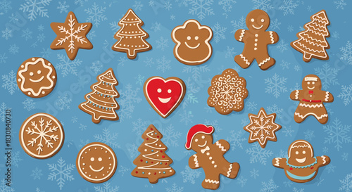 A festive collection of gingerbread cookies in various shapes and decorated with icing, set against a snowy blue background for Christmas.