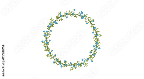 Charming blue floral wreath with lush green leaves, creating a beautiful round frame, perfect for decorative borders or invitations.