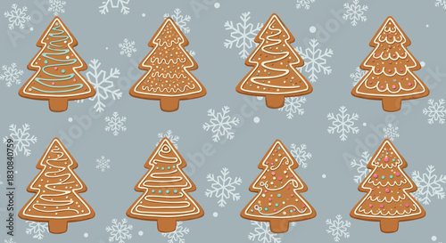 Gingerbread Christmas trees pattern with festive icing and colorful sprinkles on a snowflake background, perfect for holiday celebrations.