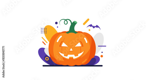 A bright and modern flat design illustration of a grinning Halloween jack-o'-lantern with abstract decorative elements and a bat silhouette.
