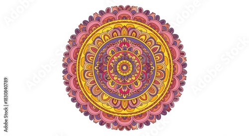Hand-drawn, rich-colored circular mandala art with intricate floral and geometric patterns, symbolizing harmony and spirituality.