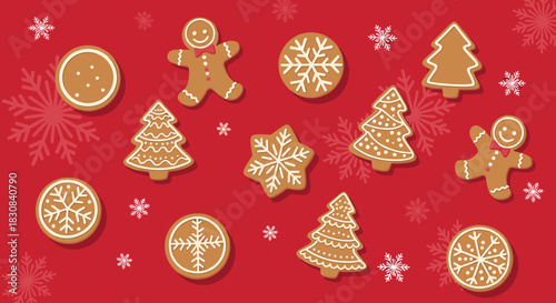 A delightful assortment of festive gingerbread cookies, including gingerbread men, Christmas trees, and snowflakes, on a vibrant red background.