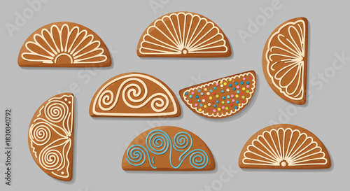 A collection of beautifully decorated gingerbread cookies in half-moon shapes with various icing patterns, perfect for holiday baking and sweet treats.