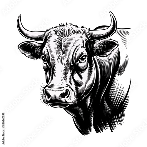A mature hornless Angus bull head, muscular and
imposing, emphasizing strong masculine features and powerful build, illustrated in detailed black ink engraving style