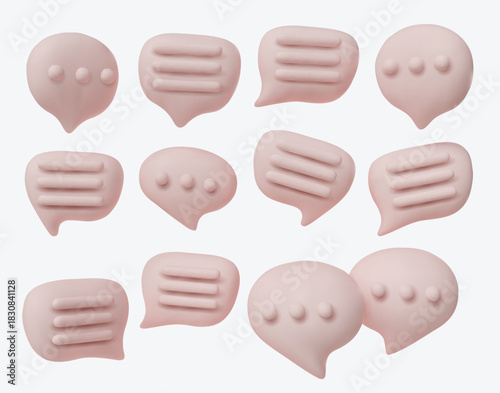 Creative 3D chat icons set, symbolizing dialogue, conversation, texting, communication apps, forums, and social media interaction.