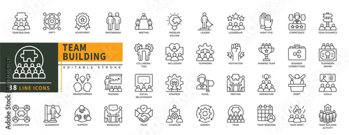 Minimalist Team Building line icons set with editable stroke, featuring unity, achievment, winning team, hight five, workshop,  support, cooperation, teamwork award, goals,. thin linear illustration.