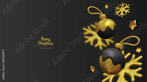 Elegant black and gold Christmas background with shiny ornaments and snowflakes, perfect for luxury holiday greetings, banners, and festive advertising designs
