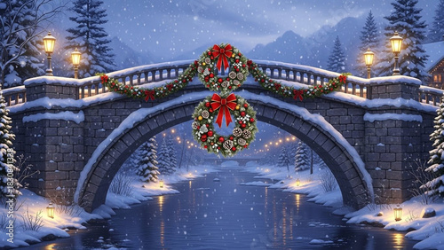 Festive winter wonderland bridge adorned with glowing lanterns and christmas wreaths over a serene snowy river during a gentle snowfall