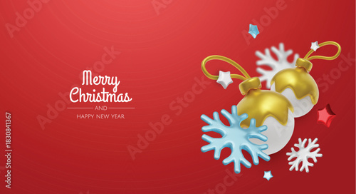 Minimal Christmas layout featuring gold ornaments, stars and snowflakes, ideal for holiday cards, banners and festive branding