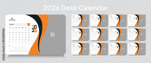 Trendy desk calendar 2026 template, corporate desk calendar schedule 2026 monthly 12-page planner layout, editable vector eps 10 file format