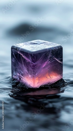 A glowing, abstract cube floats in water, showcasing a blend of purple and orange hues. The image has a surreal and ethereal quality.