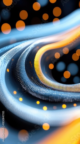 An abstract image showing flowing lines and particles in shades of blue and orange, with a futuristic aesthetic.