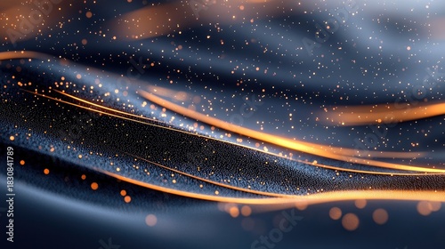 Close-up of dark blue fabric with flowing lines of golden light and scattered sparkles, creating a sense of depth and elegance.