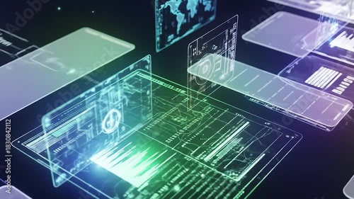 Immersive digital interfaces displaying complex data networks and advanced analytics in a futuristic technological environment, representing global information flow and innovation