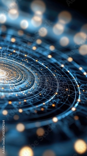 An abstract digital illustration featuring a network of interconnected lines and glowing lights, creating a futuristic and technological visual.