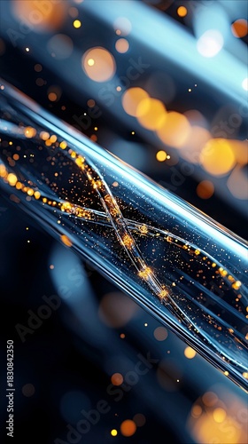 Close-up of abstract fiber optics with glowing particles, representing futuristic technology and data transmission.