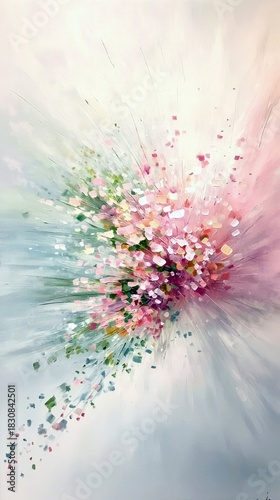 An abstract painting featuring an explosion of colorful floral elements in shades of pink, green, and white, with a soft, diffused lighting.