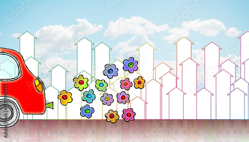 Electric car with flower coming out of the exhaust pipe against a cityscape - concept illustration