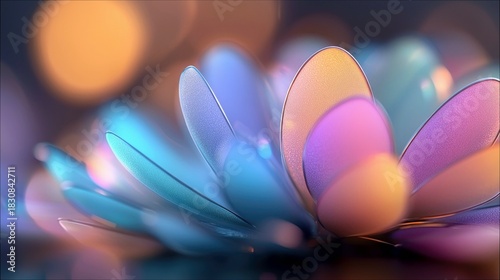 Close-up of an abstract flower with colorful petals and a blurred bokeh background. The image has soft lighting and a dreamy atmosphere.