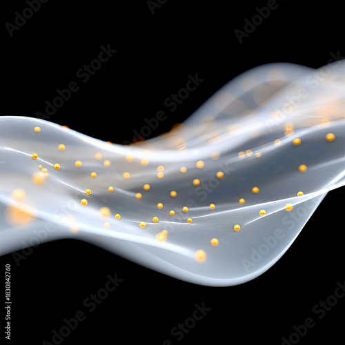 An abstract design featuring flowing white shapes with golden spheres, set against a black background.