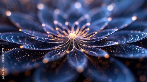 Close-up of an abstract flower with blue and gold glowing details, set against a dark background.