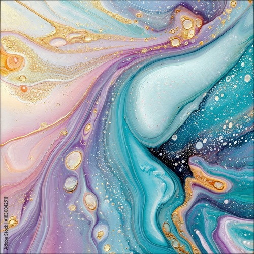 An abstract artwork featuring a colorful fluid design with gold accents and swirling patterns. The image has a vibrant and artistic feel.