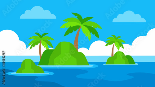Sunny Tropical Lagoon with Palm Leaves