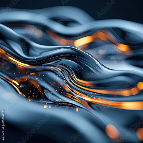 Abstract image of flowing, fluid forms with glowing orange lines against a dark background, creating a sense of movement and energy.