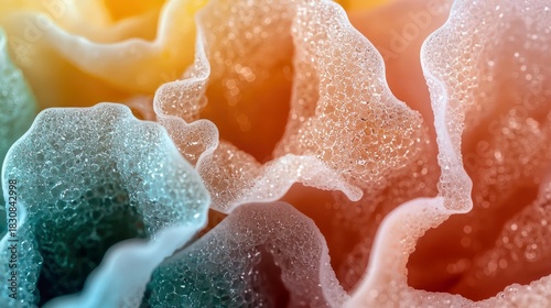 Close-up of abstract foam formations with a gradient of colors, showcasing textures and soft lighting.