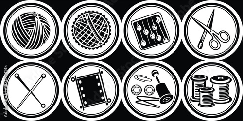 Set of eight black and white crochet and knitting elements in circular shape, perfect for logo, sign, sticker, and other design needs