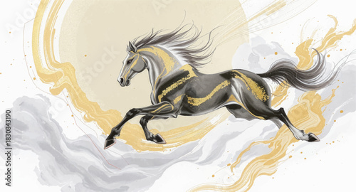 Elegant golden horse running across soft celestial clouds. Majestic stallion in flowing gold strokes under glowing sun. Graceful celestial horse art with misty clouds and gold tones