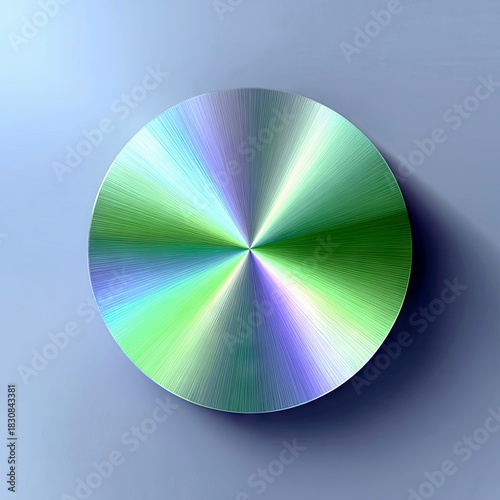 A close-up of a metallic circle with a gradient of green and purple colors, set against a blue background. The image has a modern, abstract feel.