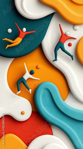Three stylized figures in mid-air poses on a vibrant, abstract background with flowing shapes and a playful aesthetic.