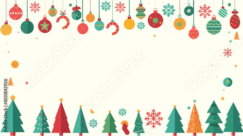 Vector Christmas background with flat design, featuring a minimalist aesthetic, vibrant colors, and bold shapes, including snowflakes, trees, and festive ornament 