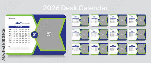 Trendy desk calendar 2026 template, corporate desk calendar schedule 2026 monthly 12-page planner layout, editable vector eps 10 file format