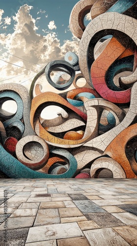 An artistic image featuring a colorful abstract wall with various shapes and a stone floor, set against a cloudy sky. The artwork is vibrant and eye-catching.